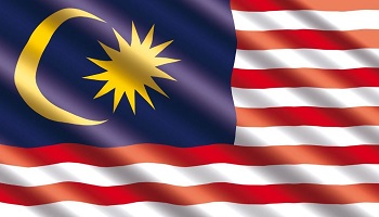 Malaysian flag with 14 alternating red and white stripes, and a gold crescent and 14-point star on blue background
