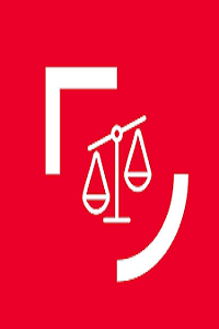 Solid white scales of justice on red background