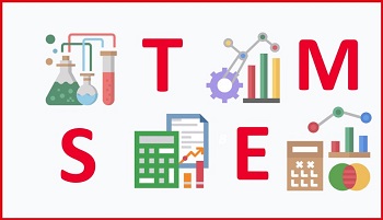 Letters of word S-T-E-M in red spliced with icons representing science, technology, engineering and maths