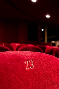 Photo of rows of red theatre seats in darkened theatre.  23 visible on first seat