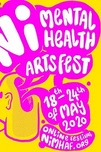 Ni Mental Health Arts Fest Advert, neon pink on yellow 