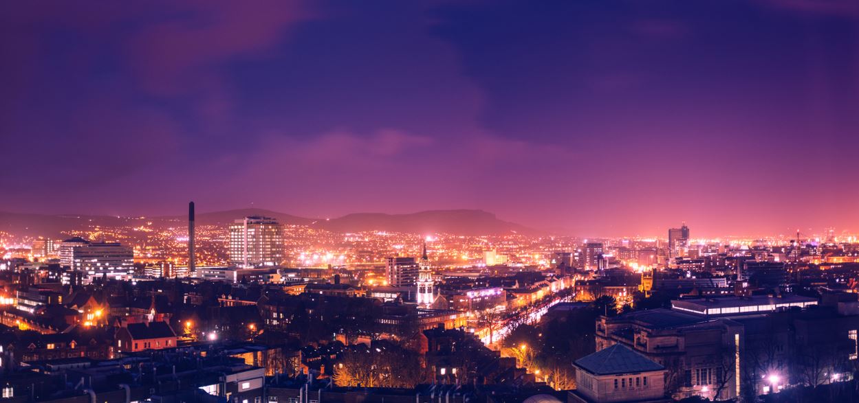 Belfast skyline night scene from Queen's