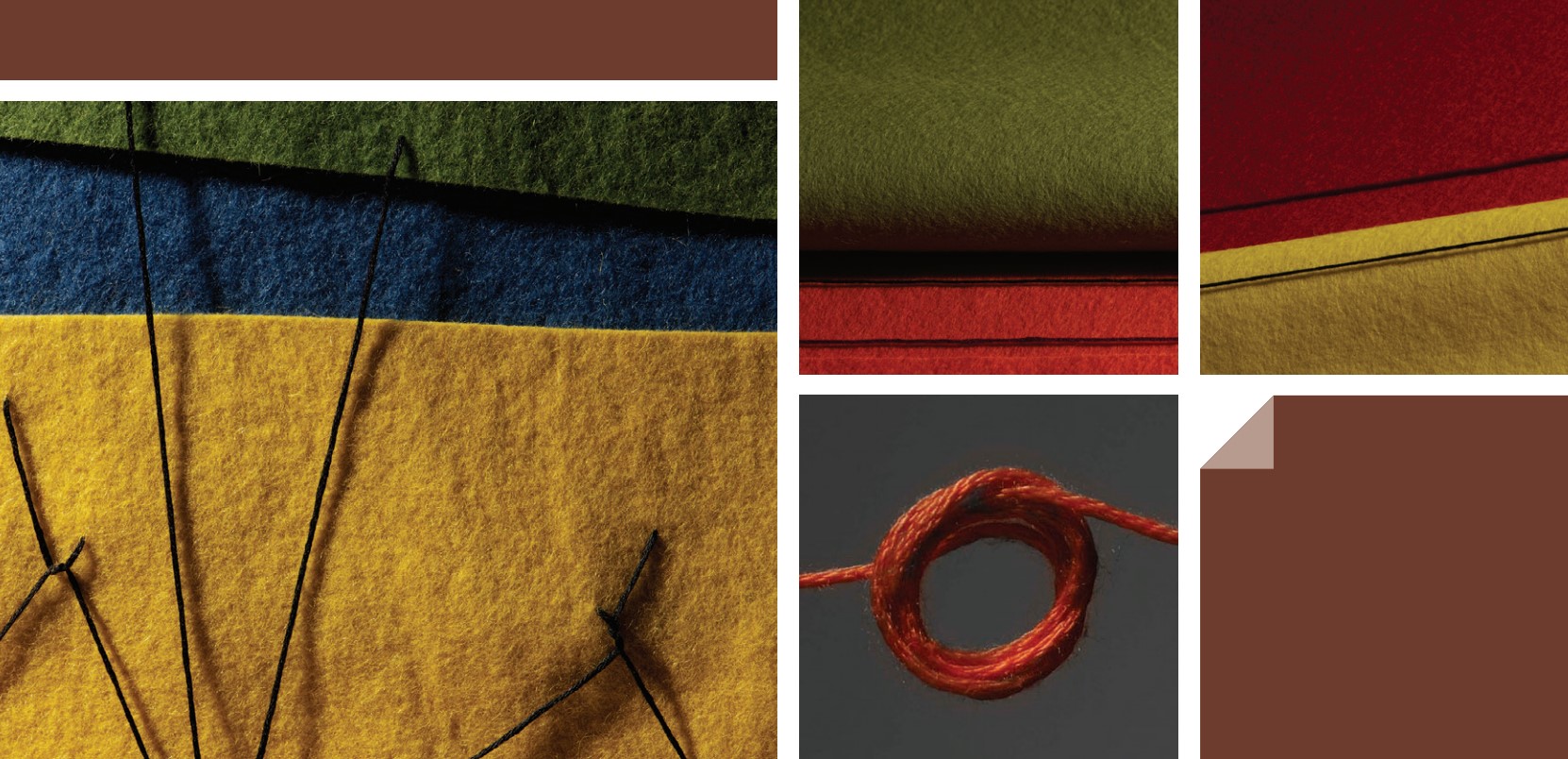 Coloured fabric squares and rectangles in reds, browns and greens