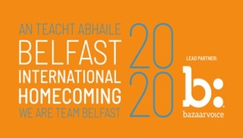 Belfast International Homecoming branding on mustard background