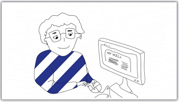 Drawing of human wearing blue and white horizontally striped jumper sitting in front of computer with the wording 'My Will' on the screen