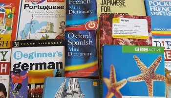 Dictionaries and language learning guides in various languages including German, French and Spanish