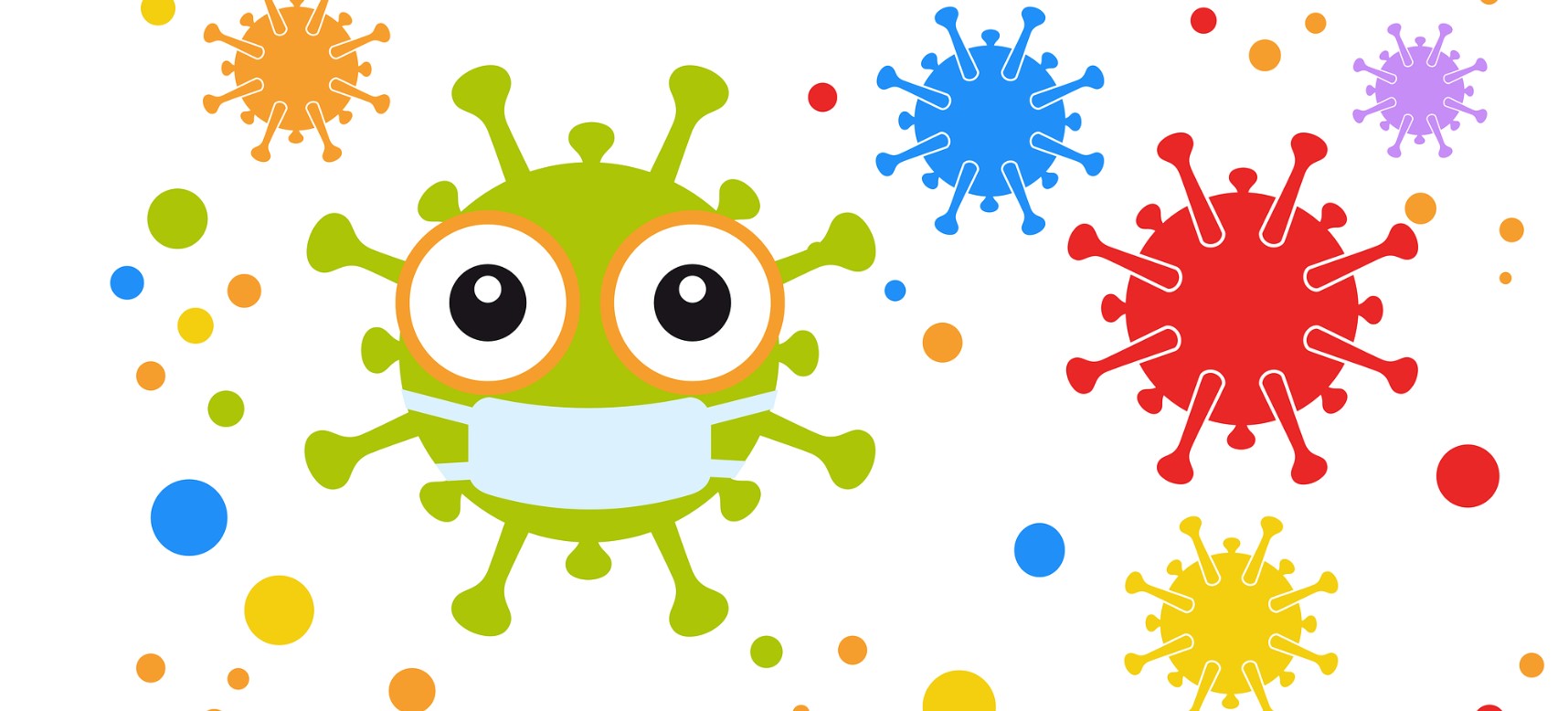Colourful illustration of coronavirus, one with mask for children