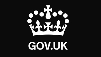 Stylised UK government crown in white on black background