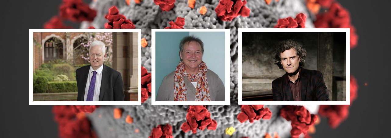 COVID-19 virus image with, inset, Professor Mark Lawler, Margaret Grayson and Professor Joe O’Sullivan