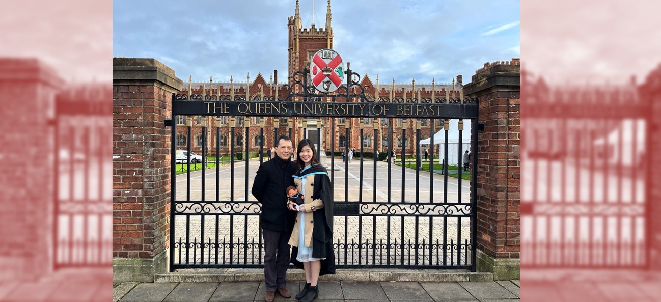 Father and daughter Carlin and Vicky Chan outside front gates of Queen's