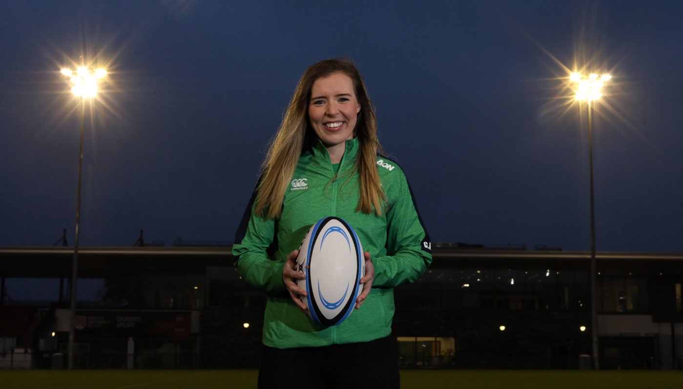 Claire McLaughlin, Irish rugby international, at Upper Malone pitch at Queen's with spotlights on in background