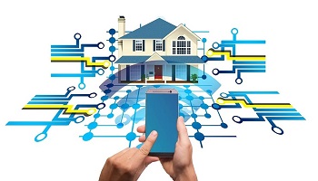 Stylised image of smart phone being held to control smart home devices 