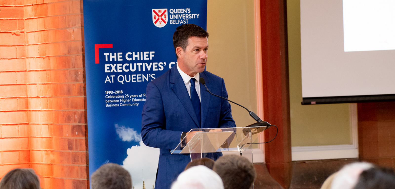 Declan Kelly addressing Chief Executives' Club in Riddel Hall