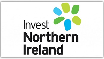 Invest NI logo with 6 light and dark green and blue stylised petals