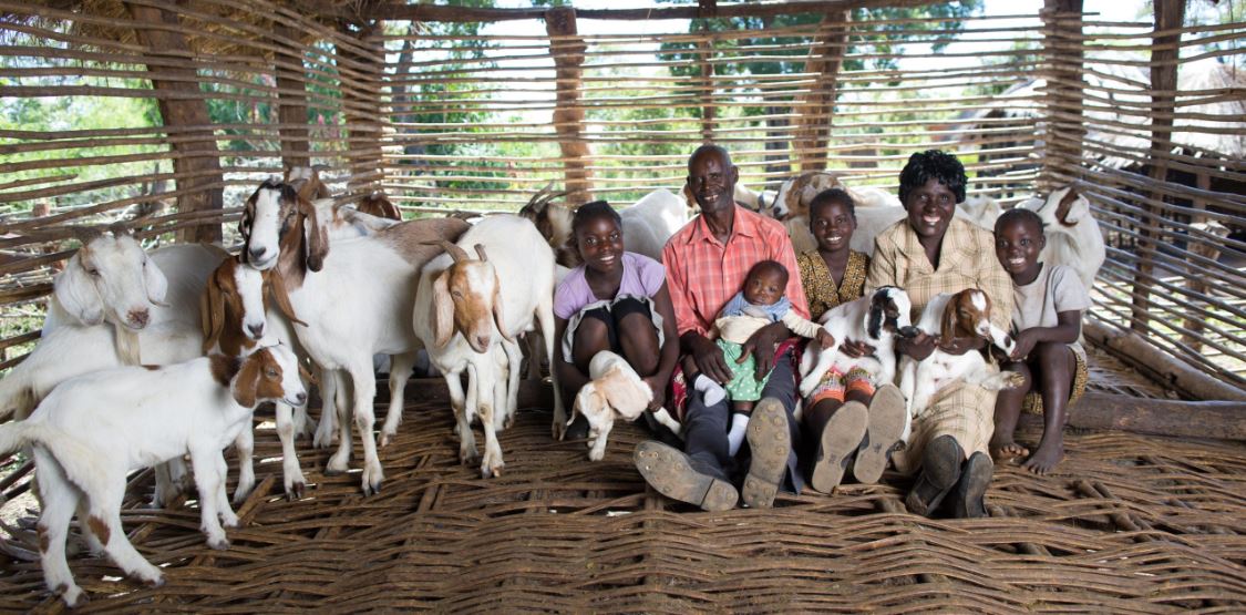 Six African family members in traditional hut with goatherd 