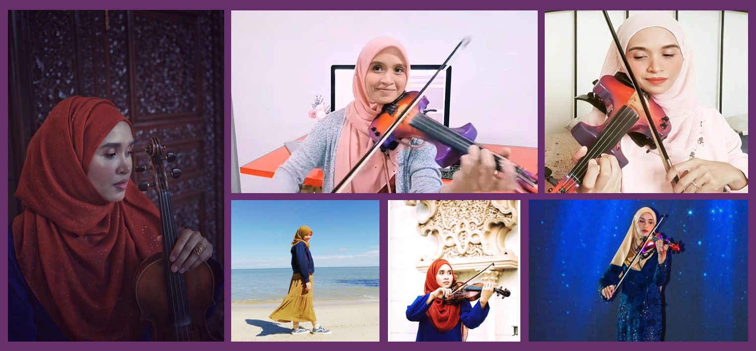 Collage of (six) images of Endang Hyder, Queen's graduate and violinist
