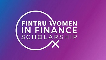 FinTrU Women in Finance Scholarship logo on blue and mainly pick background