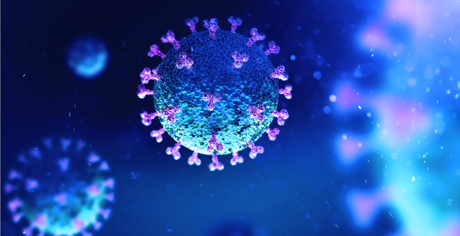 Coronavirus virus depicted in blue and and purple