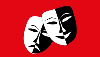 Black and white drama comedy face masks on red background