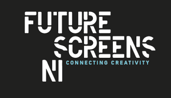 Future Screens NI logo with name and additional wording Connecting Creativity in white on black background 