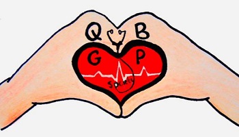 Drawing of hands with Queen's GP Society logo and heart shape  