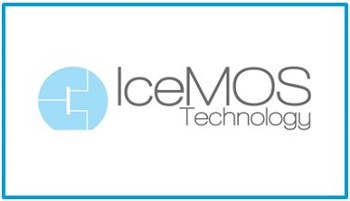 IceMOS Technology company logo - lettering in grey, circular emblem and border in light blue