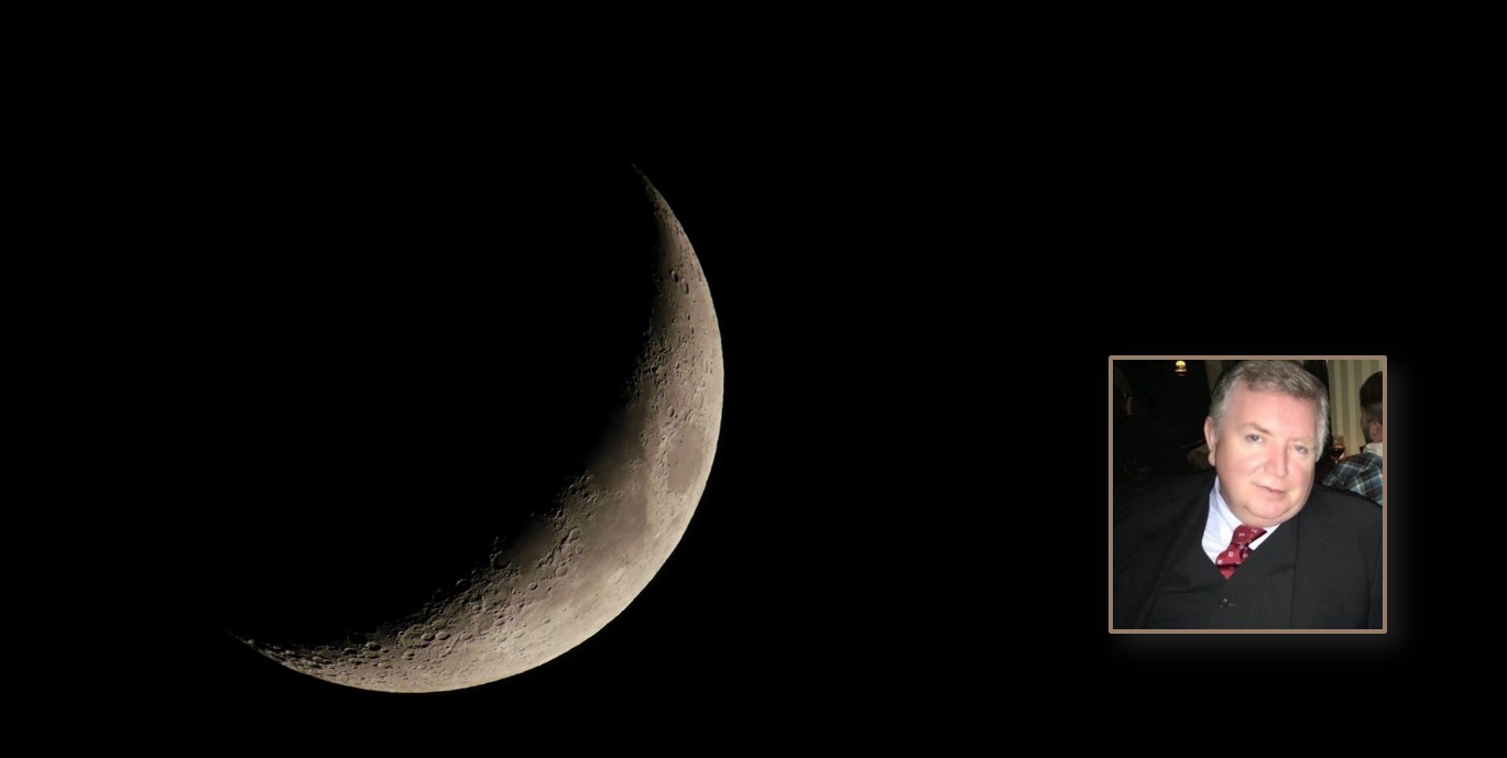 Crescent moon against black background with, inset, picture of IceMOS Technology founder Sam Anderson