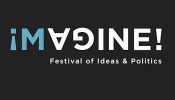 Logo of Imagine Festival of Ideas and Politics, with stylised working of word Imagine, inverted exclamation mark (I) and A & G also upside-down