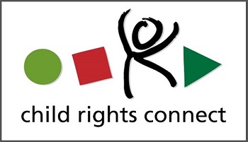 Child Rights Connect logo - with green circle, red square, stick figure of child and dark green triangle