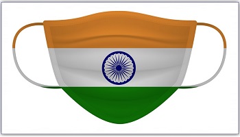 Protective facemask in colours of Indian flag - orange, white and green with blue wheel in centre
