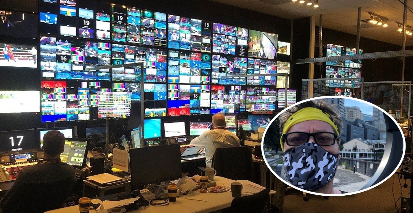 BBC TV studio at Tokyo Olympics showing a bank of monitors