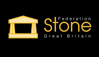 Stone federation GB logo - outline of ancient stone building in gold, large point size for word stone