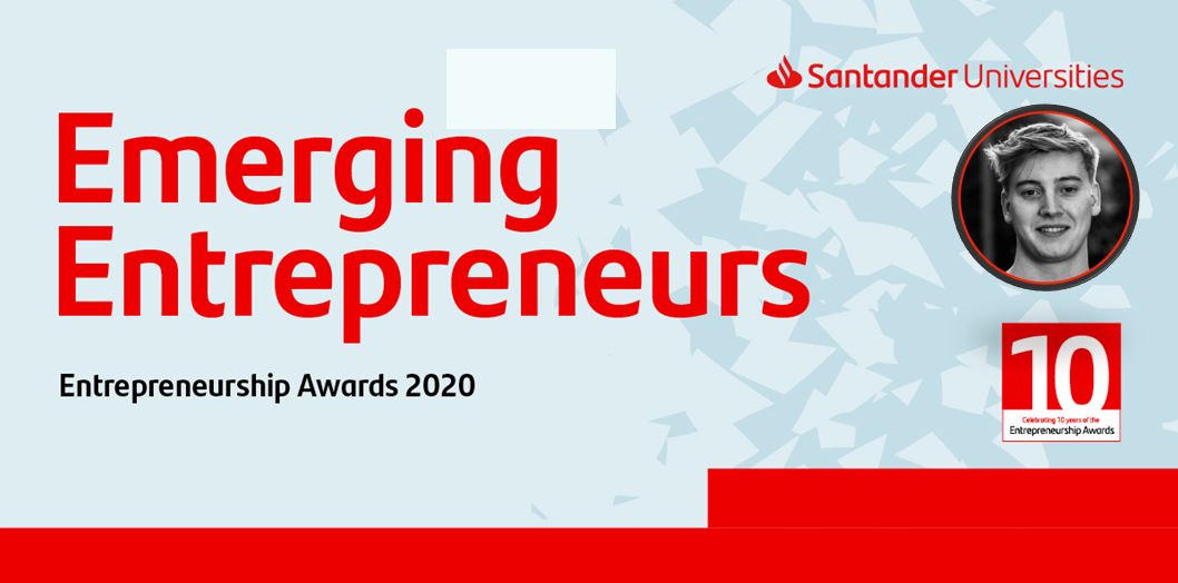 Santander Universities Emerging Entrepreneurs programme logo with (inset) Lewis Loane