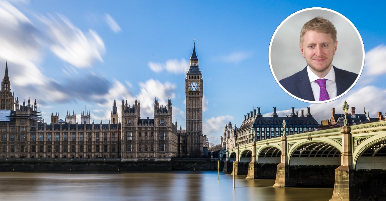 Palace of Westminster and Big Ben with (inset) picture of Mark Logan MP