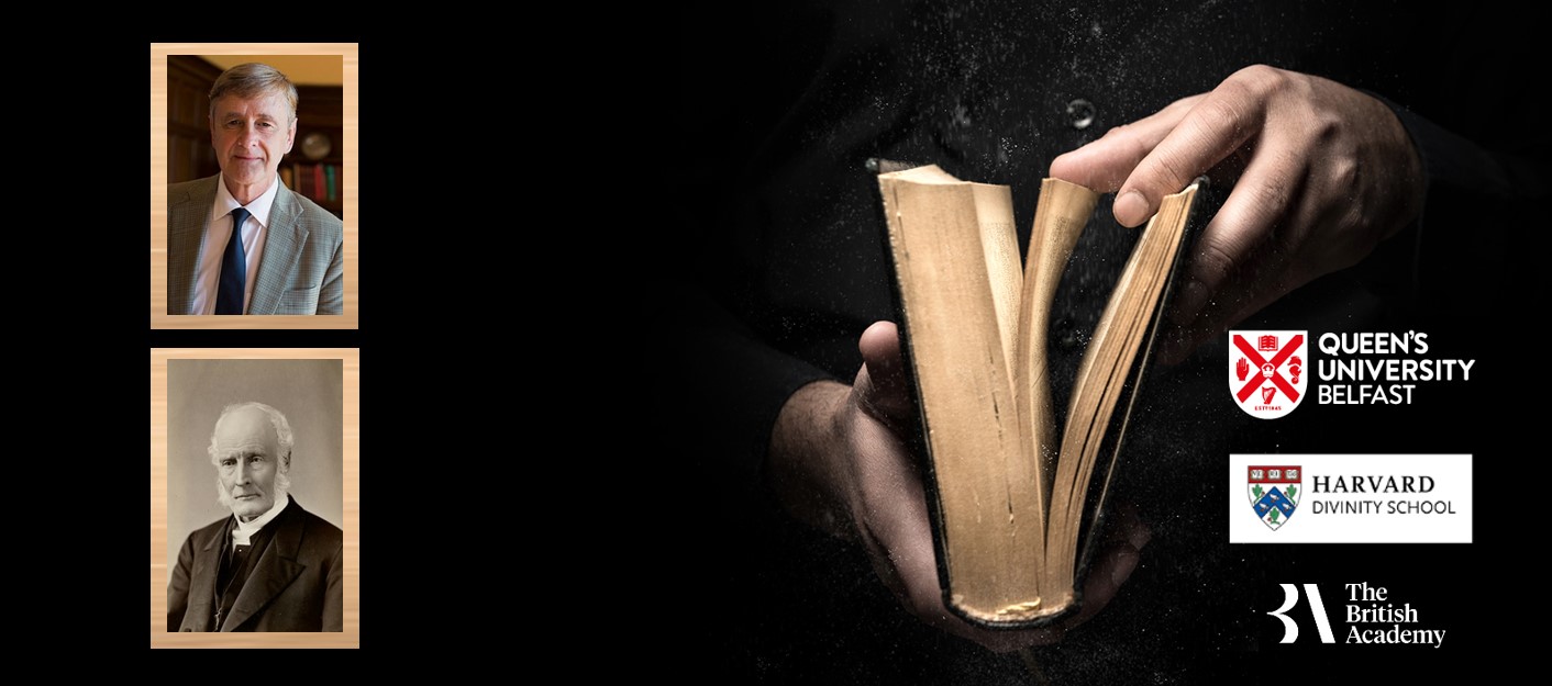 Cropped hands opening a book against black background, with inset images of Professor David Hempton and Rev Dr James McCosh, plus logos from Queen's, Harvard Divinity School and British Academy 