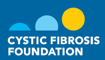 Cystic Fibrosis Foundation logo - wording on blue background with 3 circles (two partial in light blue) and 1 yellow like a rising sun 