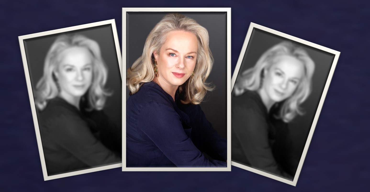 Three images of Tanya Kempston, left and right in blurred black and white and in the middle in full colour.