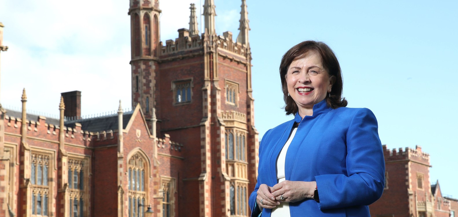 Department for the Economy minister Diane Dodds standing in front of Queen's Lanyon Building
