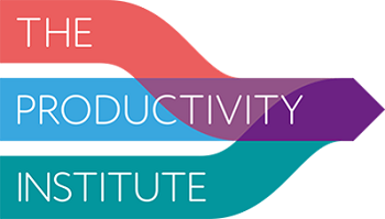 The Productivity Institute logo, with wording written on three converging lines (in red, blue and green) to form single purple arrow