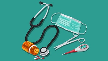 Medical kit - thermometer, scissors, mask, stethoscope, tablets 