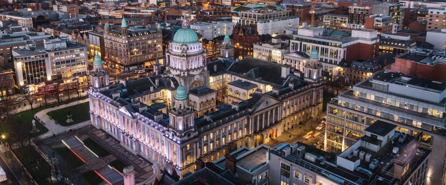 Aerial view of Belfast city centre and City Hall