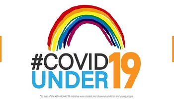 Logo - hand-drawn rainbow over the hashtag #CovidUnder19 