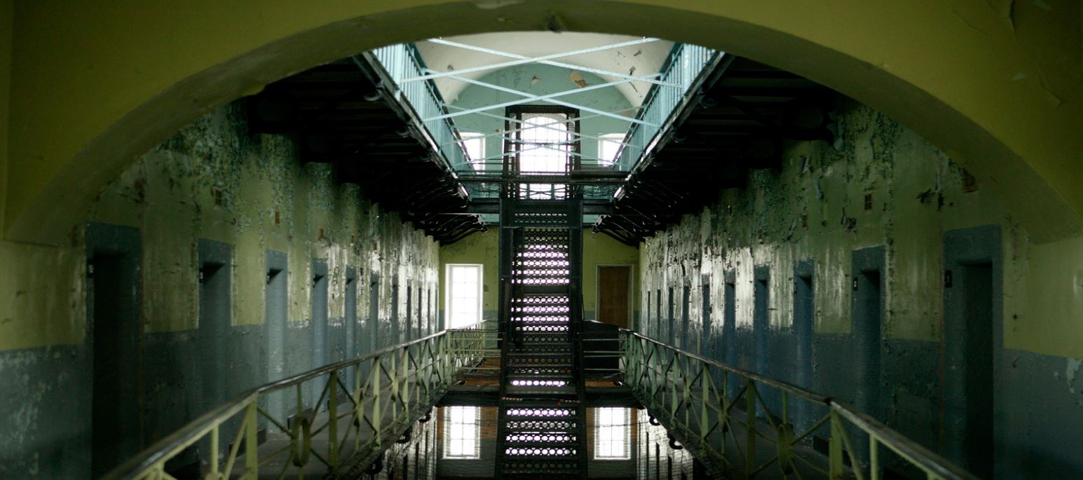 Inside prison complex, cells, balconies and stairs