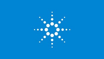 Agilent logo - eight pointed star made up of white circle shapes on light blue background