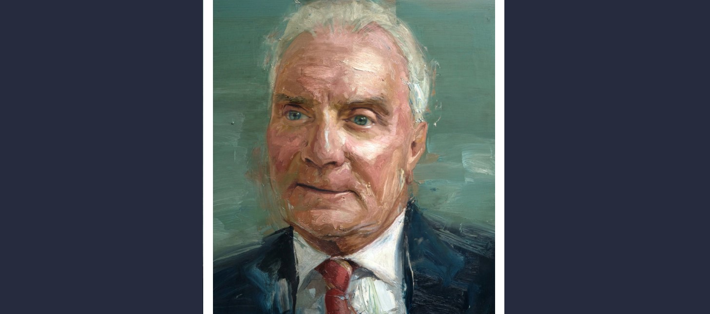 Portrait by Colin Davidson of Professor Jim Dornan - grey haired 70-years-old man with white hair, wearing dark jacket, shirt and tie