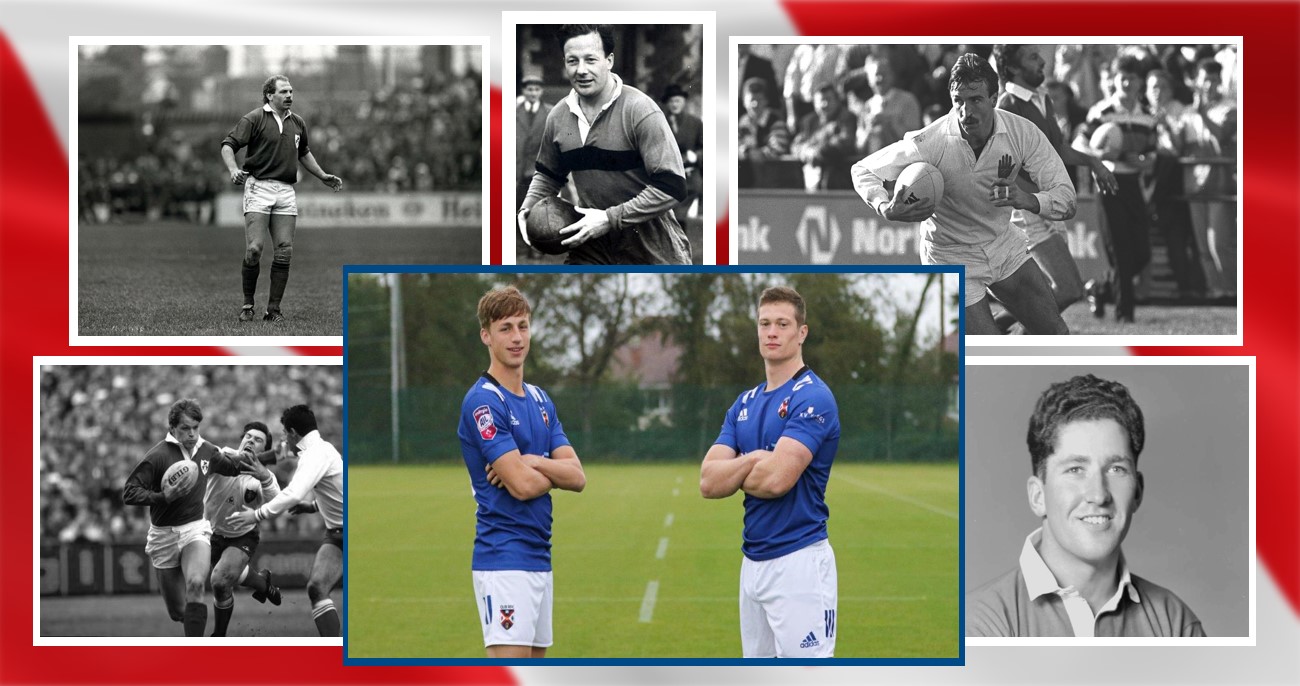 Collage of former Queen's rugby players (in black and white) including Jack Kyle and Trevor Ringland, and inset current students.