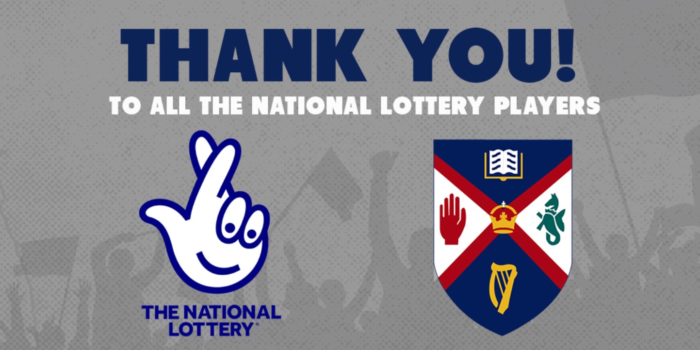 National Lottery fingers crossed logo with crest of Queen's football club and thank you message
