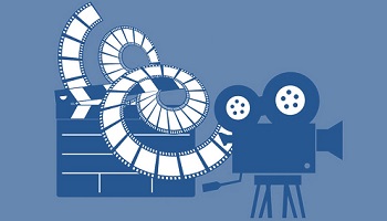 Graphic of clapper board, film reel and camera on blue background denoting screen industries   