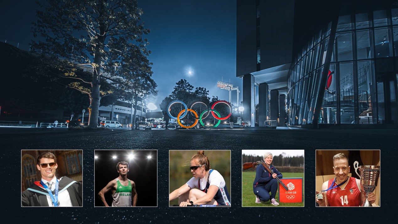 Olympic rings set in city nightscape, with (inset) images of 5 Queen's alumni Olympians