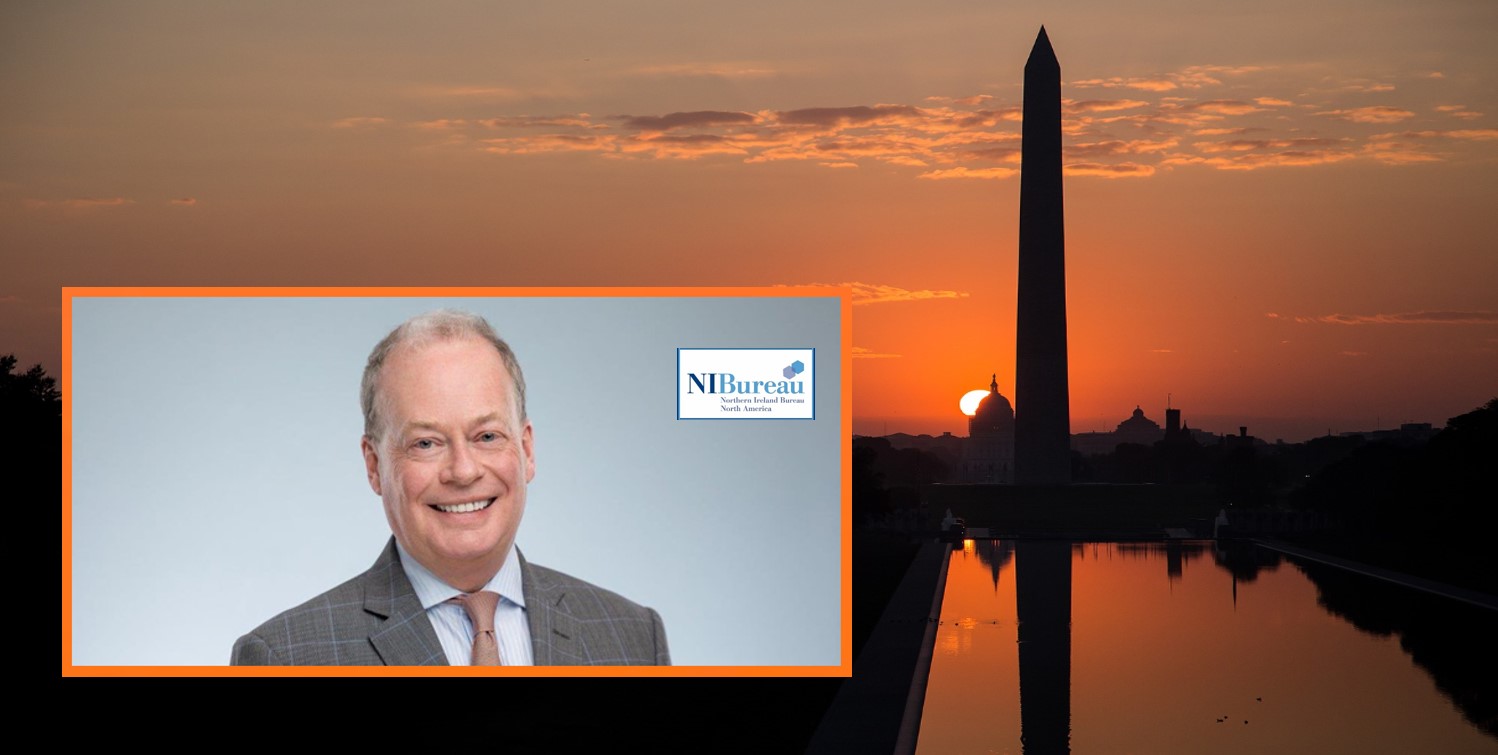 Sunset over Washington Monument with, inset, picture of Norman Houston OBE